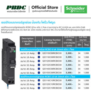 Schneider เซอร์กิตเบรกเกอร์ลูกย่อยป้องกันไฟดูด/ไฟรั่ว RCBO QOvs RCBO 1P 6kA 30mA 10-50A -10kA 30mA 16-32A